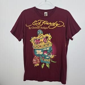 Ed Hardy Crowned Skull & Rose Graphic Tee Maroon Christian Audigier Y2K M